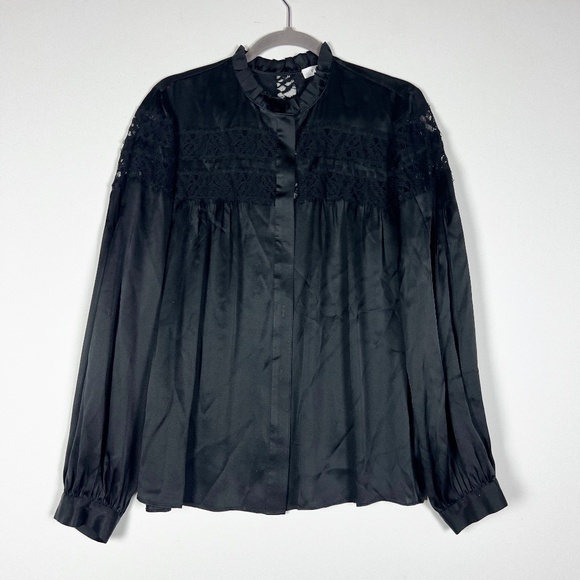 Frame Denim Tops - Frame Sheer Lace Panel Long Sleeve Silk Satin Button Down Ruffle Collar Blouse L